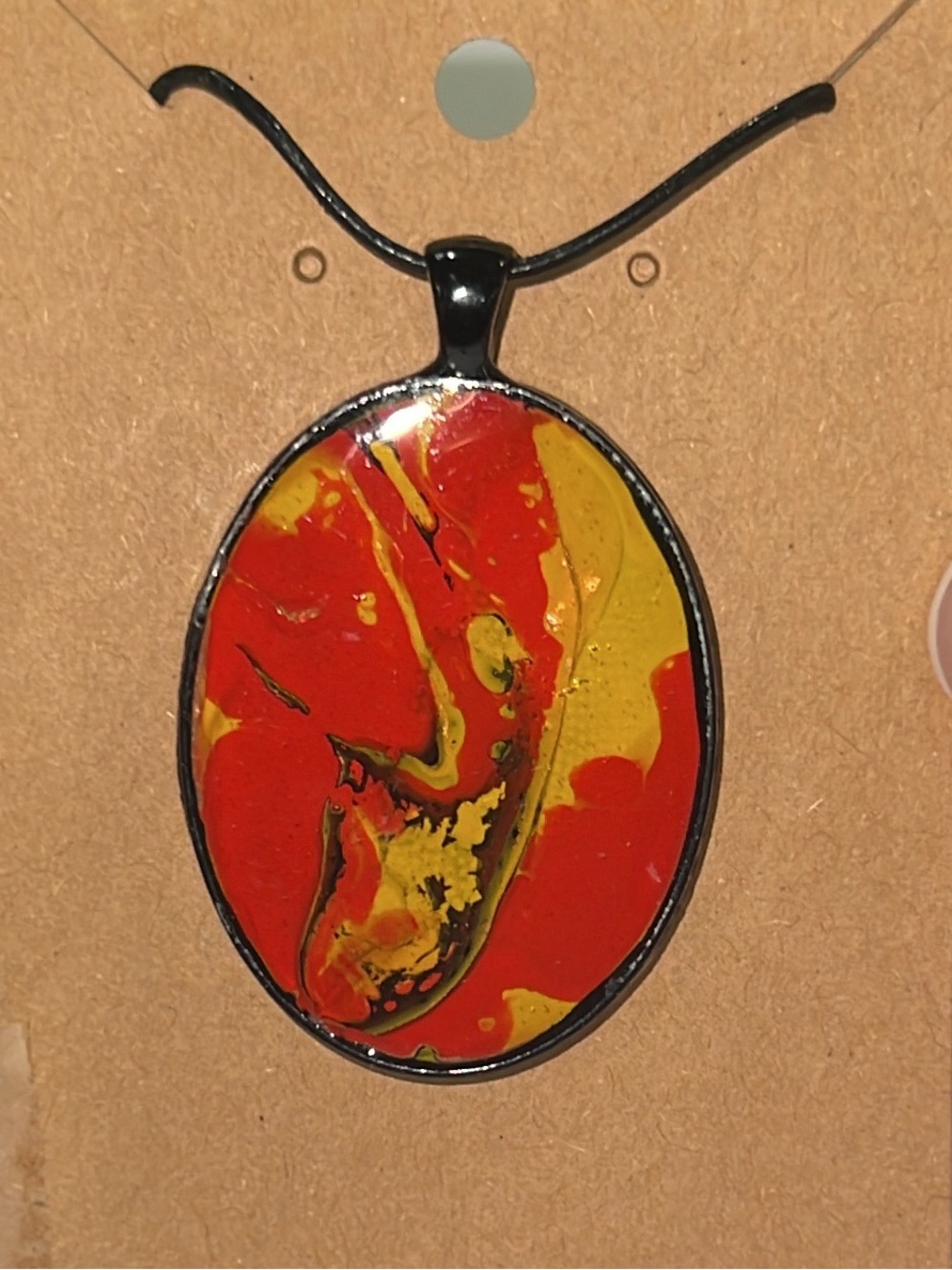 Abstract OrangeRed, Black & Gold Swirl Poured Paint Pendant Necklace - New